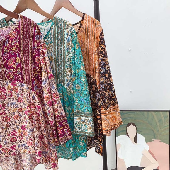 Boho Gypsy Floral Print Neck Tie Blouse - Picture 14 of 16